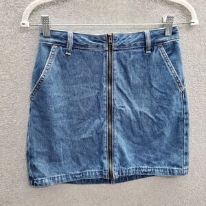 Hollister Juniors Skirt 1 Blue Denim Mini Front Zip Medium Wash High Rise Pocket